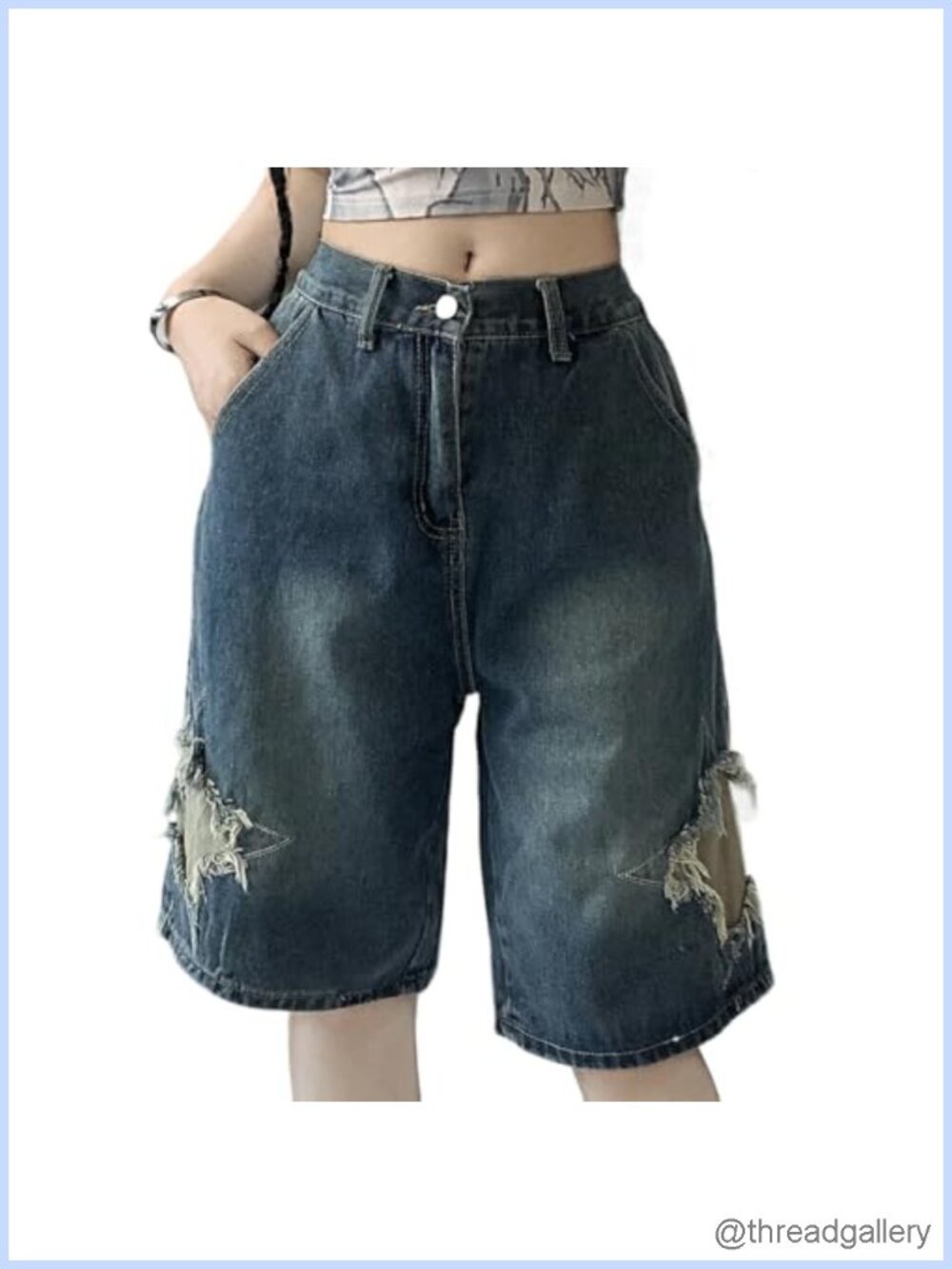 Y2K High Waisted Distressed Frayed Stars Denim Bermuda Shorts Gothic Grunge